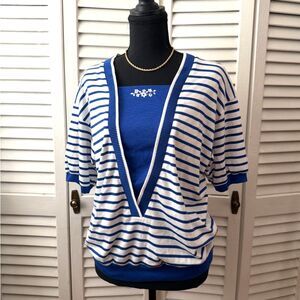 Vintage Blue and White Striped Short Sleeve Top Sz L Retro Nautical Grannycore